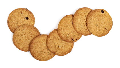 Round wholewheat biscuits with raisins isolated on white background, top view