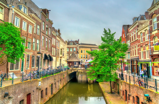 Traditional houses along a canal in Utrecht, Netherlands