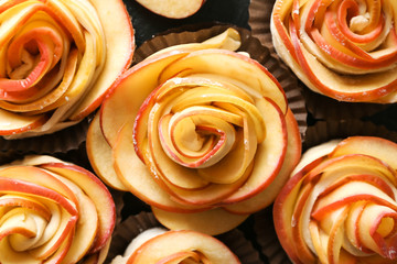 Raw rose shaped apple pastry, top view