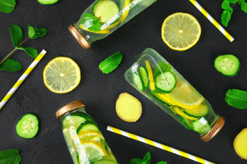 Sassy water. Fresh cool water with cucumber, lemon, ginger and mint. Detox and weight loss.