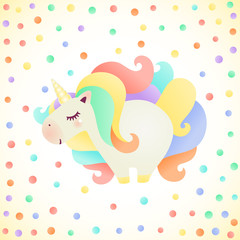 Cute cartoon unicorn with colorful hair. Vector illustration of magic creature. Unicorn character in flat design