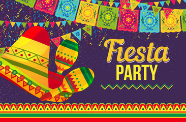 Vivid flat style of poster about Fiesta party promotion with bright sombrero and ornamental colorful flags on purple