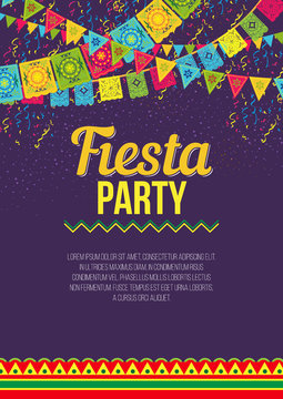 Vector design of colorful amusing poster advertising Fiesta party on purple background with vivid flags and ornaments