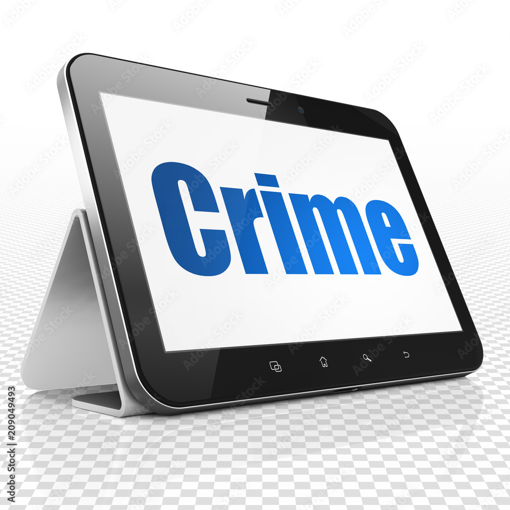 Aufkleber protection concept: tablet computer with blue text crime on display, 3d rendering