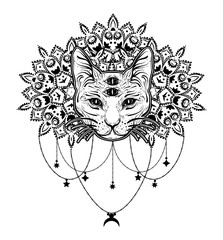 Dreamcatcher with four eyed cat. Vintage boho style.