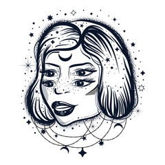 Dark, witchy four eyed lady tattoo art style.