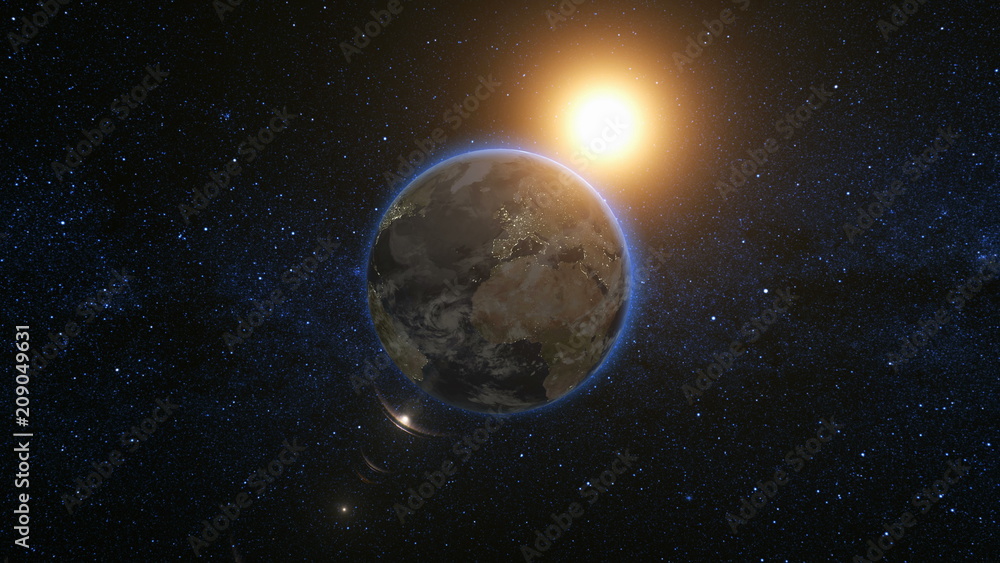 Wall mural space view on planet earth and sun star rotating on its axis in black universe. seamless loop with d