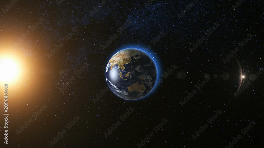 Wall mural space view on planet earth and sun star rotating on its axis in black universe. seamless loop with d