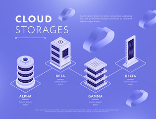 Vector design of isometric towers of database network centers in connection on blue background