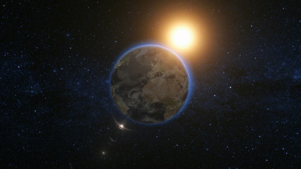 Space view on Planet Earth and Sun Star rotating on its axis in black Universe. Seamless loop with day and night city lights change. Astronomy and science concept. Elements of image furnished by NASA