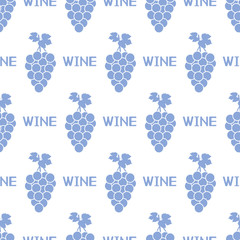 Seamless pattern with blue grapes and words wine on the white background.