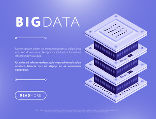 Colorful webpage design with isometric tower of big data network server and text box on blue background