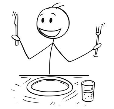 Cartoon stick drawing illustration of enthusiastic hungry man holding fork  and knife sitting at table and waiting for food. Stock Vector | Adobe Stock