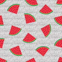 Seamless pattern with colorful watermelons slices and black dots