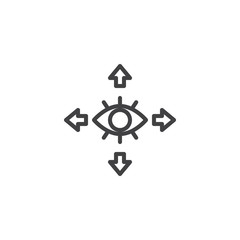 360 degrees eye view outline icon. linear style sign for mobile concept and web design. different directions view simple line vector icon. Symbol, logo illustration. Pixel perfect vector graphics