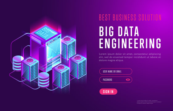 Colorful isometric design of webpage with network database and engineering business presentation on purple