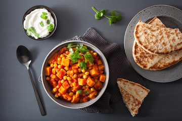 sweet potato and chickpea curry with naan bread