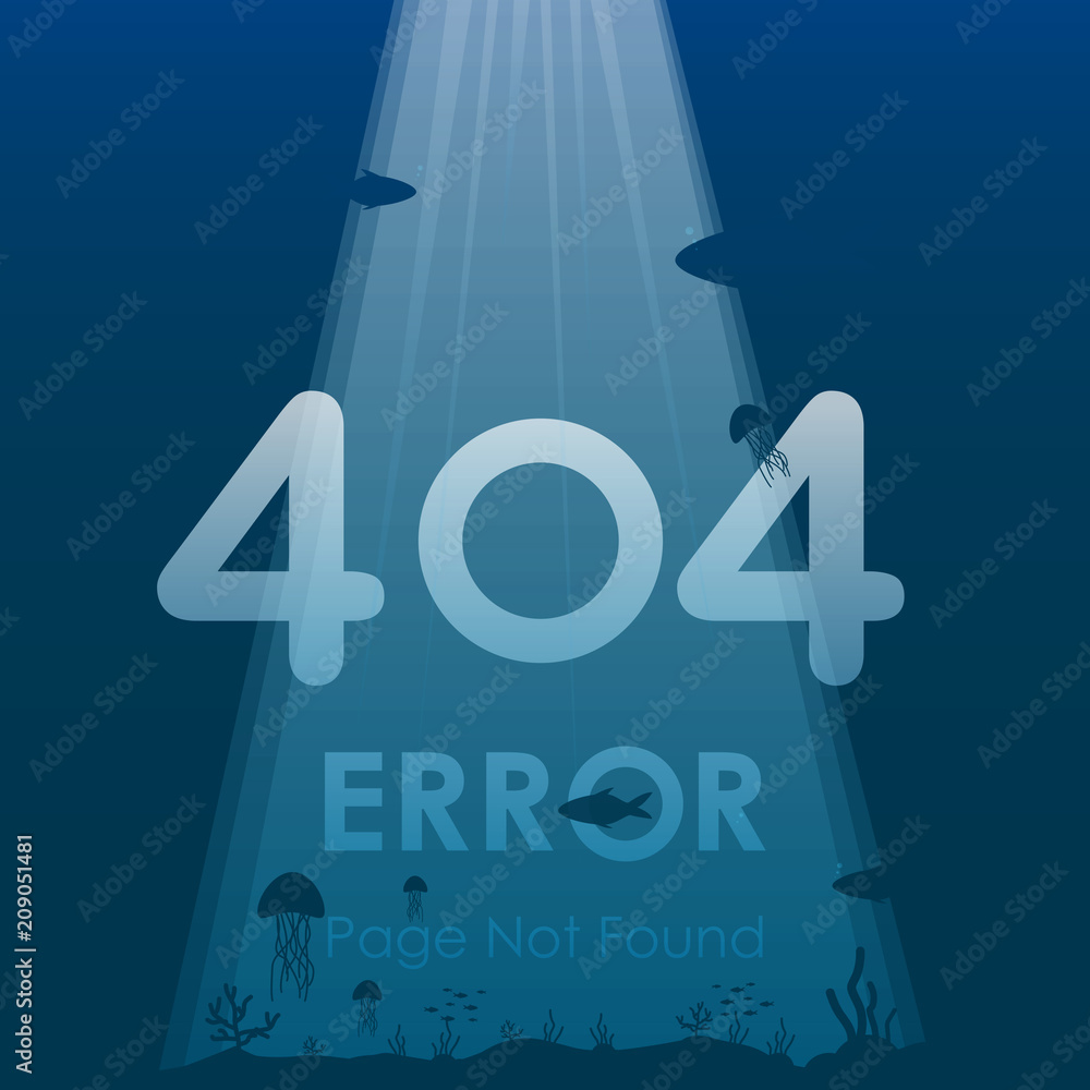 Poster 404 error page not found in under ocean background design