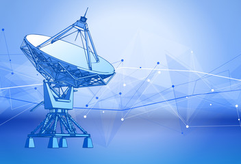 Satellite Dishes Antenna - doppler radar, digital wave and blue technology background - abstract illustration of science, astronomy, information technology, network solutions  and digital technologies