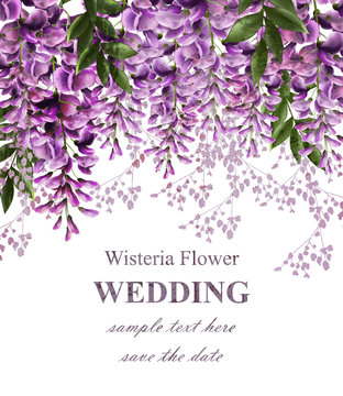 Wedding Invitation Card With Wisteria Flowers Vector. Beautiful Flower Decor. Gorgeous Nature Beauty Designs