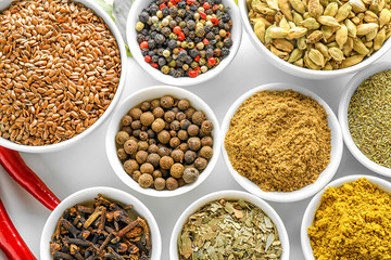 Bowls with various spices on white background
