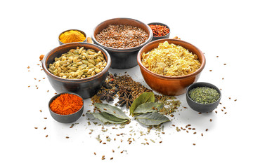 Bowls with various spices on white background