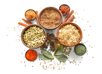 Fototapeta na wymiar Bowls with various spices on white background