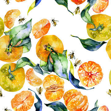 Southern, tasty, aromatic, fitrant mandarins and honey, rustic, wild bees Watercolor. illustration