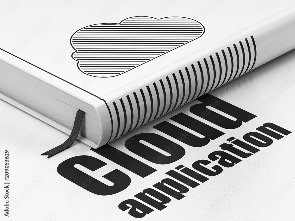 Poster cloud computing concept: closed book with black cloud icon and text cloud application on floor, whit
