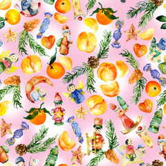 Festive toys and figurines. Ripe, tasty, aromatic, tropical, warm fruits of tangerines. Forest, fir, pine, cedar coniferous branches and cones. Delicious, sweet candy. Watercolor. Illustration