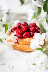 Spring mood. Blooming apple tree. Raspberry pie. Sweet cake with berries.