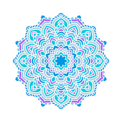Bright circular ornament consists of simple shapes. Stylized ethnic motive. Mandala in turquoise and violet tones.