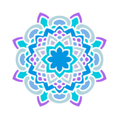 Bright circular ornament consists of simple shapes. Stylized ethnic motive. Mandala in turquoise and violet tones.