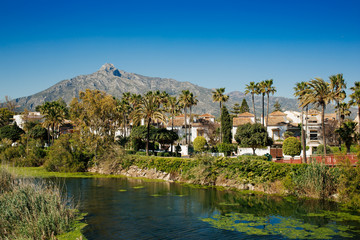 View from suspension footbridge over the Rio Verde near from Puerto Banús, Spain.