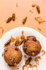 Fototapeta na wymiar Banana cupcakes with insect foods