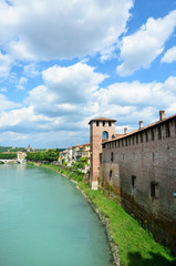 Castelvecchio Bridge or Scaliger Bridge and Adige River in Verona ,Italy