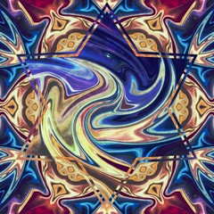 Fototapeta premium Creative mystical mandala. Kaleidoscopic abstract wallpaper. Sacred geometry digital painting art. Ethnic fractal artwork. Symmetric stylish graphic design pattern. Good for print on fabric or canvas.