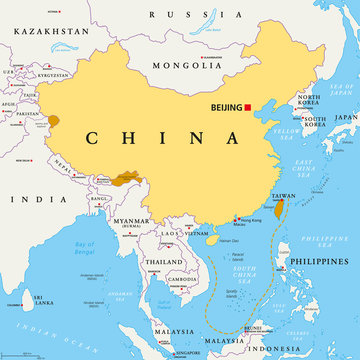 Peoples Republic of China, PRC, political map. Area controlled by China in yellow, and claimed but uncontrolled regions shown in orange. Capitals and borders. English labeling. Illustration. Vector.