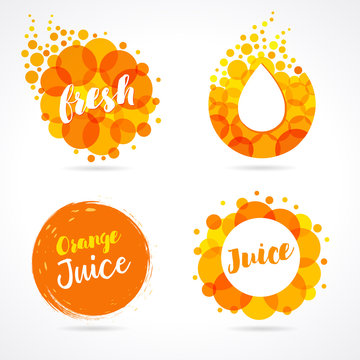 Orange juice label splash set design. Drops bubbly and lettering logo on white background. Mango, pineapple and papaya juice design, shape creative vector illustration