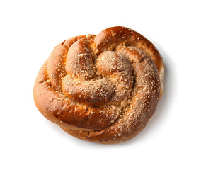 Sweet cinnamon bun on white background