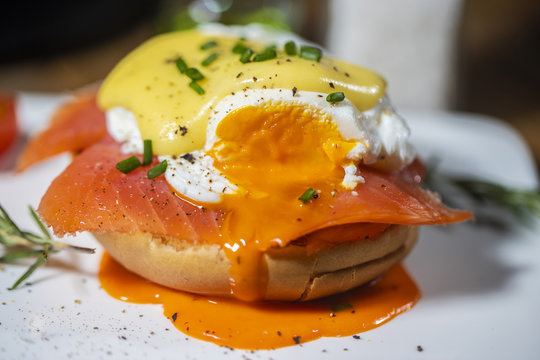 Egg Benedict with smoked salmon and fresh Hollandaise sauce.