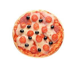 Tasty Italian pizza with olives on white background