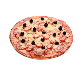 Tasty Italian pizza with olives on white background