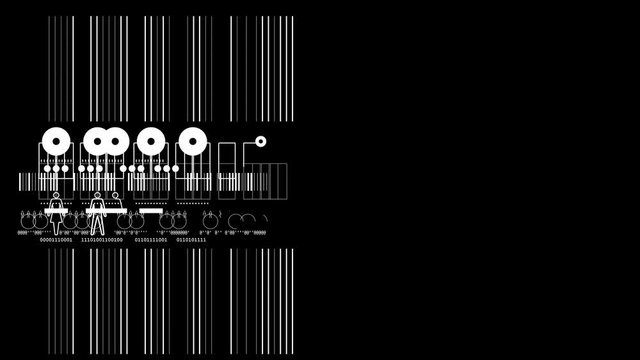 Different kinds of binary.
Ones and zeroes, men and women and bar codes assembled in a graphic background.