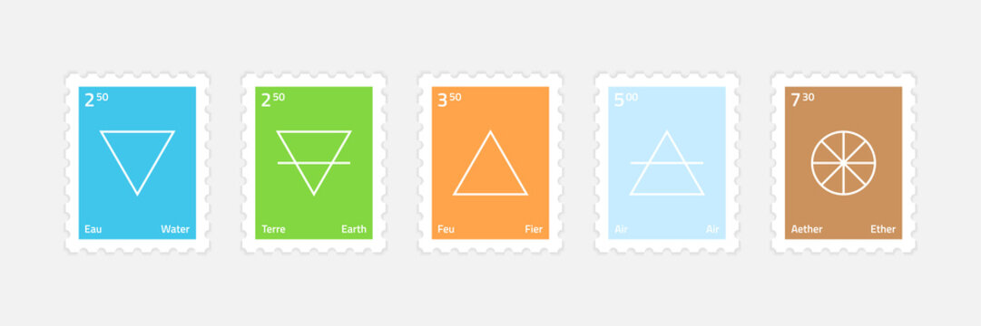 A set of five rectangular postage stamps. Alchemical symbols four main elements and fifth symbol ether. Flat style modern vector illustration.