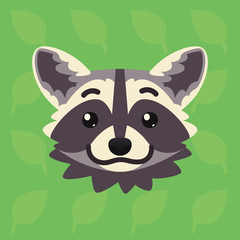 Racoon emotional head. Vector illustration of cute coon shows positive emotion. Smile emoji. Smiley icon. Print, chat, communication. Grey raccoon in flat cartoon style on green background with leaves