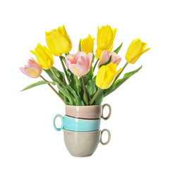 Vase with beautiful tulips on white background