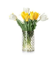 Vase with beautiful tulips on white background