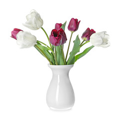 Vase with beautiful tulips on white background
