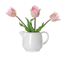 Fototapeta na wymiar Vase with beautiful tulips on white background